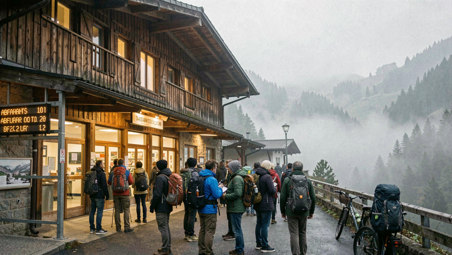 Wartende Wandernde mit Rucksäcken vor der beleuchteten Talstation einer Bergbahn im frühen Morgenlicht, Anzeigetafel mit Abfahrtszeit über dem Eingang, Nebel im Tal, sehr breite Aufnahme