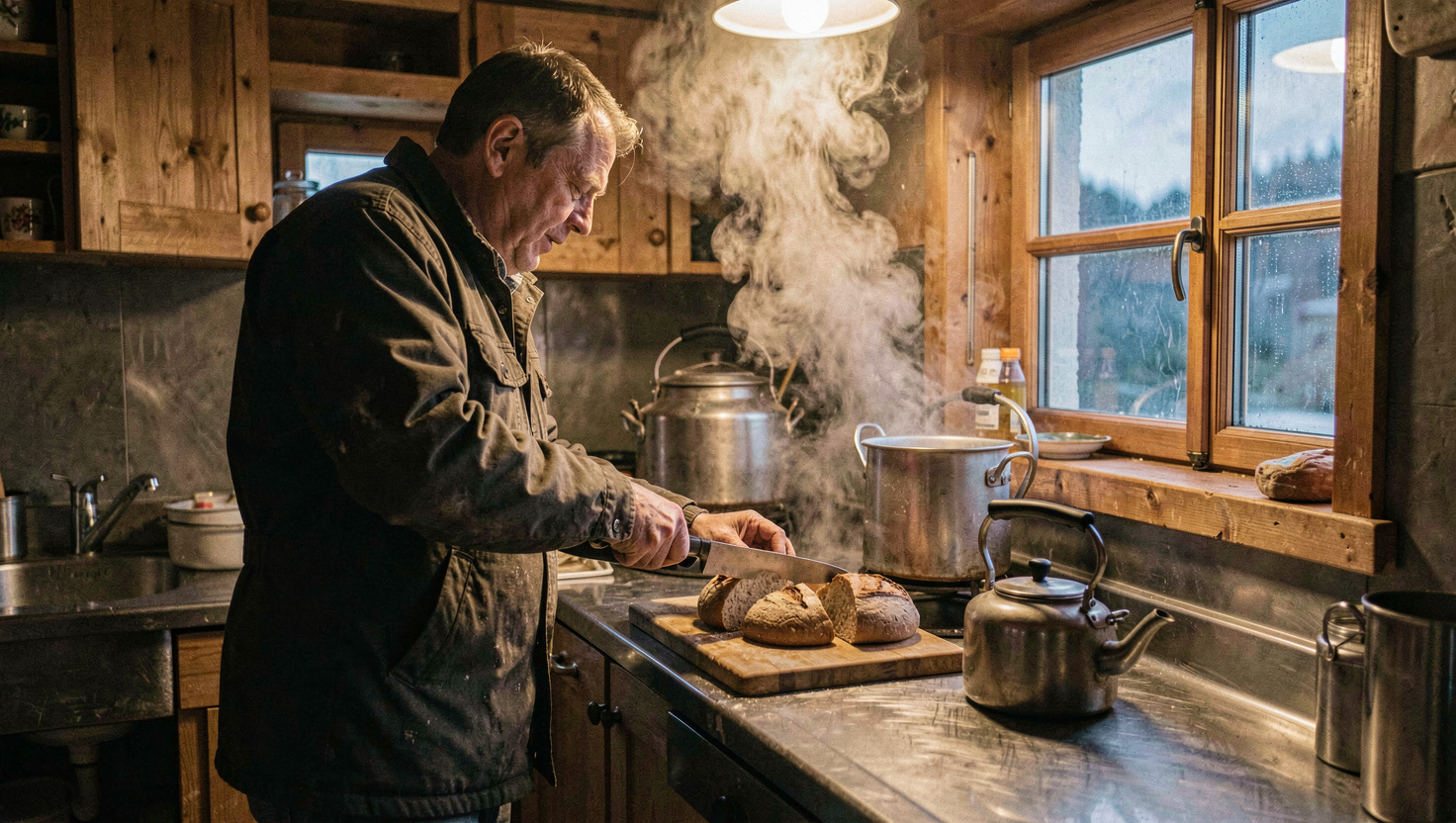 Hüttenwart schneidet vor Sonnenaufgang Brot in einer engen Hüttenküche mit Chromstahlflächen, Dampf über einem grossen Teekessel, warmes Kunstlicht gegen die blaue Dämmerung im Fenster