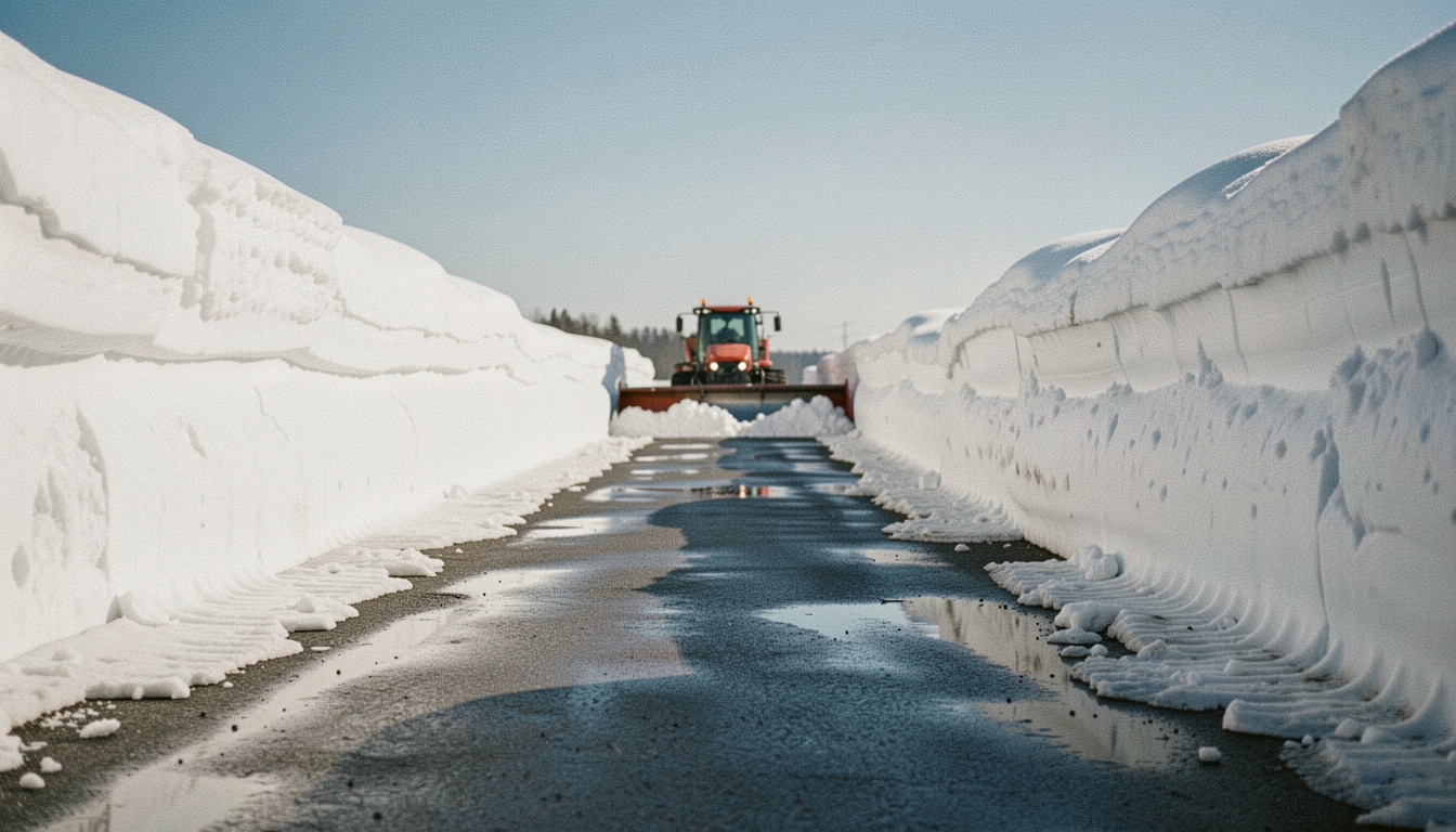 Frisch geräumte Passstrasse zwischen zwei mannshohen Schneewänden, nasser Asphalt spiegelt den blauen Himmel, im Hintergrund eine Räummaschine, scharfes Frühlingslicht am Morgen