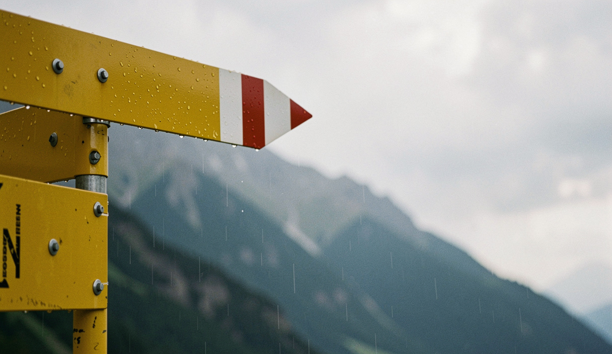Nahaufnahme eines gelben Wegweiserarms mit weiss rot weisser Spitze vor unscharfem Bergpanorama, Regentropfen auf dem Blech, weiches Licht nach einem Schauer, breite Aufnahme mit viel Himmel rechts