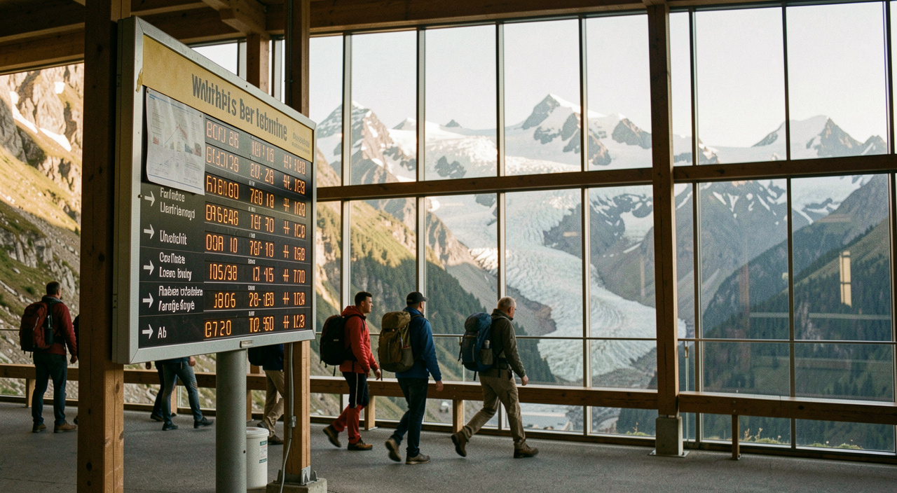 Anzeigetafel mit Abfahrtszeiten in einer Bergstation, dahinter durch die Panoramascheibe eine Gletscherkette im Nachmittagslicht, Wandernde ziehen an der Tafel vorbei, breite Aufnahme