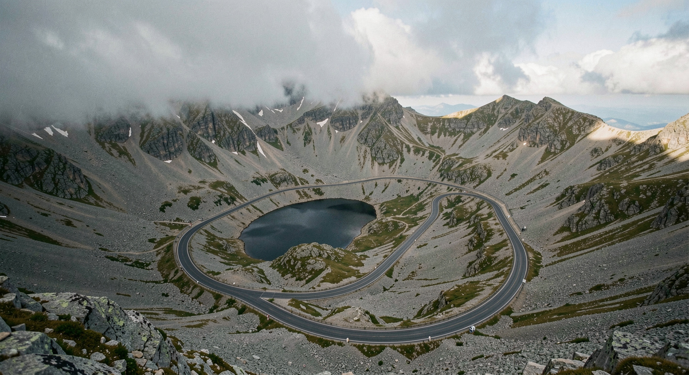 Passhöhe mit kleinem dunklem Bergsee und Geröllhängen, die Strasse zieht in weiten Kehren nach unten aus dem Bild, tiefe Wolken schieben sich über den Sattel, kaltes Licht am frühen Abend, sehr breite Panoramaaufnahme