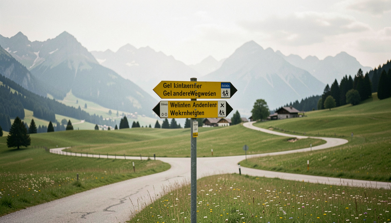 Gelber Wanderwegweiser mit drei beschrifteten Armen an einer Wegkreuzung auf einer Alpweide im Emmental, dahinter sanfte Grate im diffusen Vormittagslicht, breite Panoramaaufnahme
